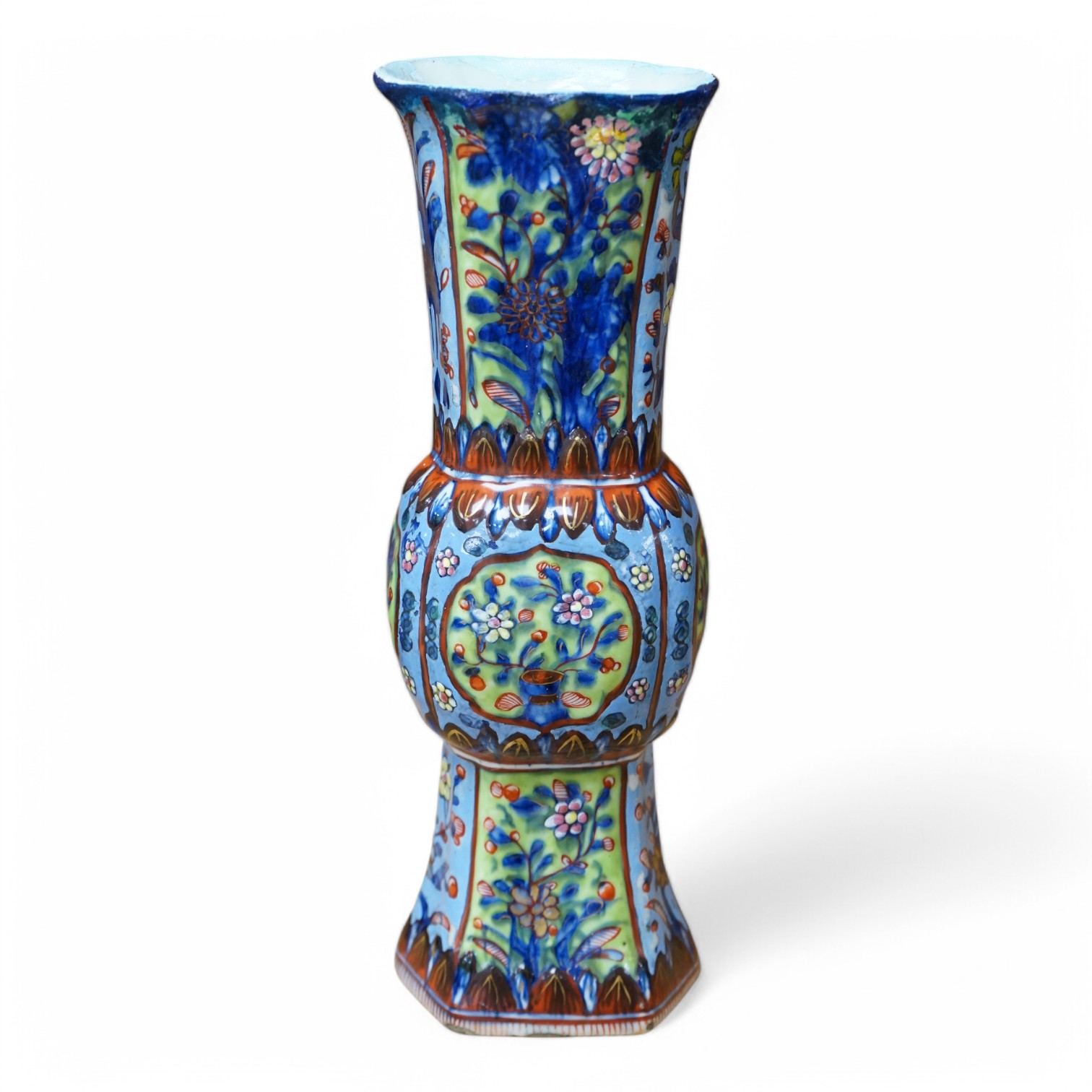 A Chinese clobbered Gu shaped vase, 30cm high. Condition - restored